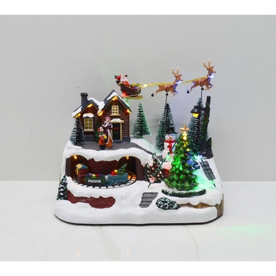 VILLA NAVIDAD CASA CON ARBOL-RENO CON LUZ-MUSICA A BATERIA 20 cm x 23.5 cm x 16 cm