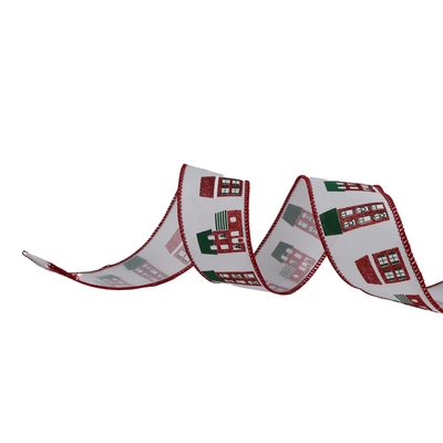 LISTON NAVIDAD 6.3 cm x 8.2 m (9 yd) BLANCO-ROJO-VERDE CASAS