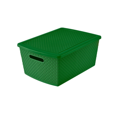 CANASTA ORGANIZADORA 22 L PLASTICO VERDE TEXTURA RATAN CON TAPA