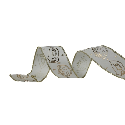 LISTON NAVIDAD 6.3 cm x 8.2 m (9 yd) BLANCO-DORADO MASCARA