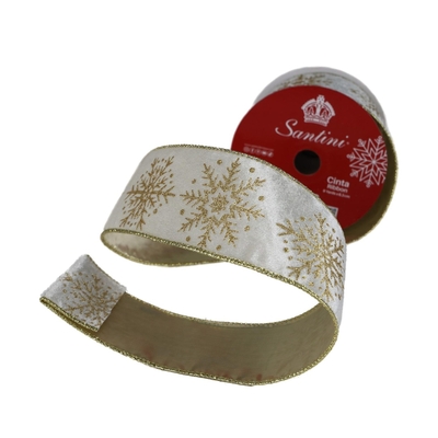 LISTON NAVIDAD 6.3 cm x 8.2 m (9 yd) BLANCO-DORADO COPO DE NIEVE