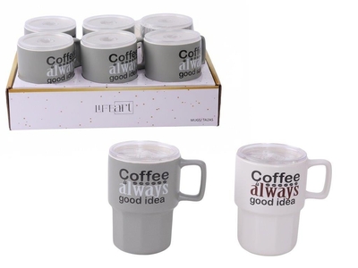 TAZA 450 mL CERAMICA BLANCO-GRIS SURTIDO CON TAPA