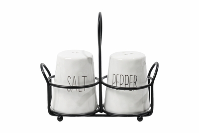 SALERO Y PIMENTERO CERAMICA BLANCO CON ORGANIZADOR METAL