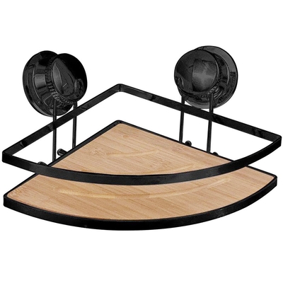ORGANIZADOR ESQUINERO PARA DUCHA METAL NEGRO-BAMBU DE SUCCION 20 cm x 20 cm x 15 cm