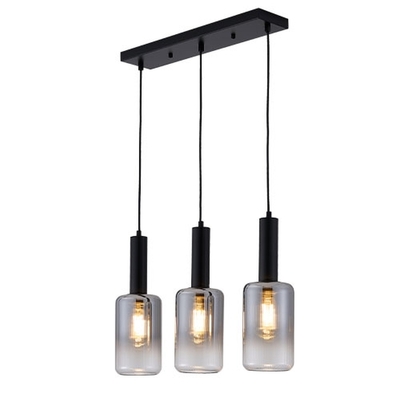 LAMPARA PENDANT 3 LUCES E27 METAL-VIDRIO CILINDRO ACABADO SMOKY BASE RECTANGULAR