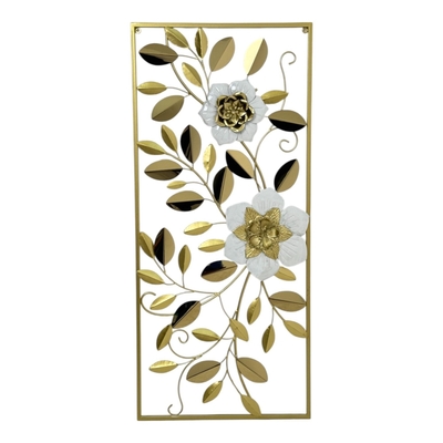 PLACA PARED DECORATIVO 91.5 cm x 41 cm FLORES DORADO-BLANCO