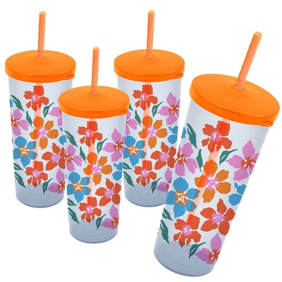 VASO ALTO CON PAJILLA 475 mL DECORADO FLORES TAPA ANARANJADO