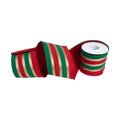 LISTON NAVIDAD 10.1 cm x 5.5 m (6 yd) ROJO-VERDE-DORADO FELPA