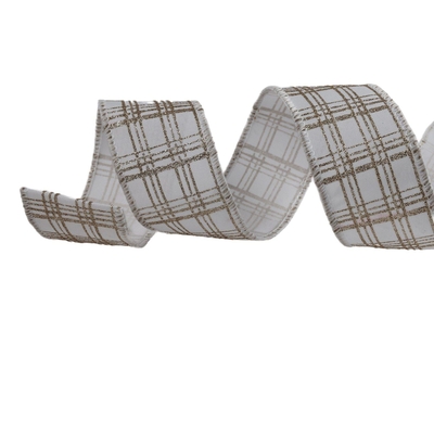 LISTON NAVIDAD 6.3 cm x 8.2 m (9 yd) BLANCO-DORADO-PLATA CUADROS