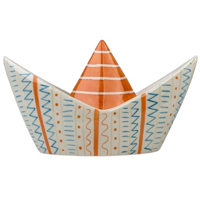 FIGURA BOTE DECORATIVO 14.5 cm x 25.2 cm CERAMICA BLANCO-AZUL-ANARANJADO