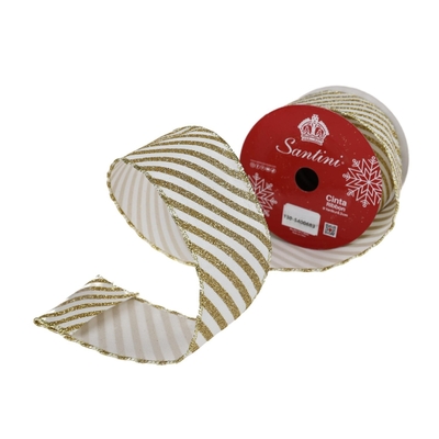 LISTON NAVIDAD 6.3 cm x 8.2 m (9 yd) BLANCO-DORADO CON BRILLO