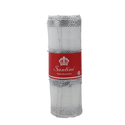 MALLA NAVIDAD 25 cm x 8.2 m (9 yd) BLANCO CON LINEAS PLATA