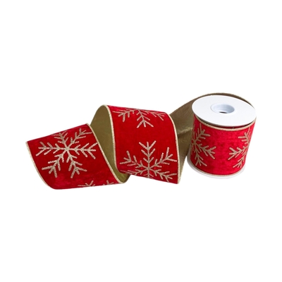 LISTON NAVIDAD 10.1 cm x 5.5 m (6 yd) ROJO-DORADO FELPA COPOS