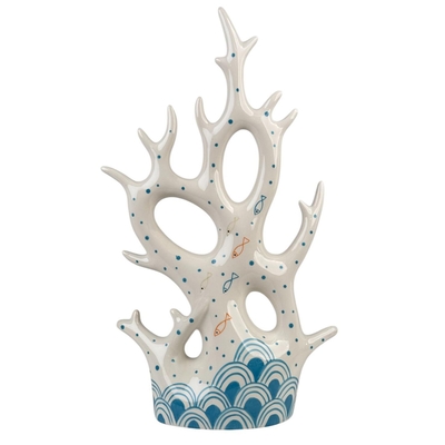 FIGURA CORAL DECORATIVO 40 cm x 24 cm CERAMICA BLANCO-CELESTE