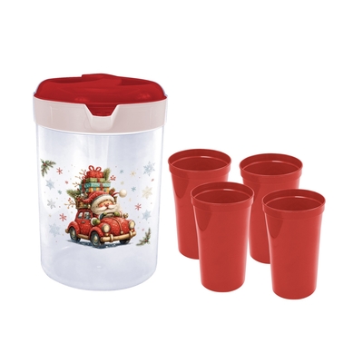 PICHEL 3 L PLASTICO DISEÑO SANTA TAPA ROJO + 4 VASOS 650.62 mL
