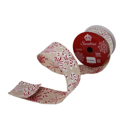 LISTON NAVIDAD 6.3 cm x 8.2 m (9 yd) ROJO-BLANCO-YUTE BASTON CARAMELO