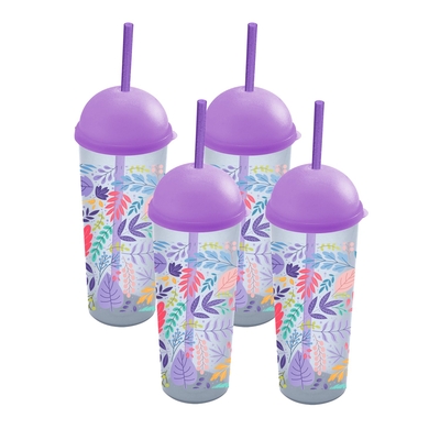 VASO 473.1 mL (16 fl oz) LILA DISEÑO HOJAS CON TAPA DOMO Y PAJILLA