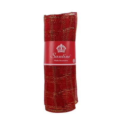 MALLA NAVIDAD 25 cm x 8.2 m (9 yd) ROJO CON CUADRICULA DORADO