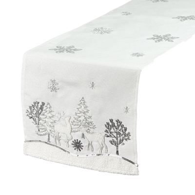 CAMINO DE MESA NAVIDAD 175 cm x 40 cm BLANCO-PLATEADO RENOS-ARBOLES