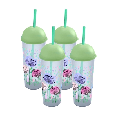 VASO 473.1 mL (16 fl oz) MENTA DISEÑO FLORAL CON TAPA DOMO Y PAJILLA