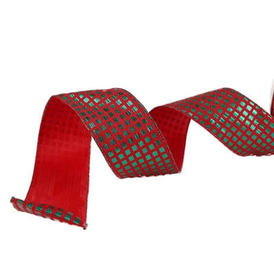 LISTON NAVIDAD 6.3 cm x 8.2 m (9 yd) ROJO-VERDE CUADROS BRILLANTES