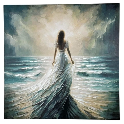 CUADRO DECORATIVO 122.6 cm x 82.6 cm MUJER EN PLAYA BLANCO-AZUL