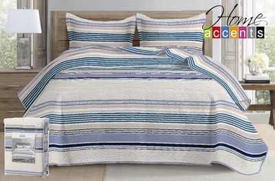 CUBRECAMA DE MICROFIBRA DISEÑO ESTAMPADO LINEAS BLANCO-AZUL-AMARILLO TWIN