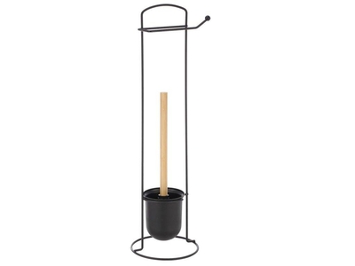 CEPILLO PARA INODORO 16 cm x 6 cm x 59 cm DE METAL NEGRO-CREMA CON DEPOSITO Y PORTARROLLO
