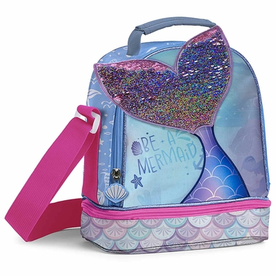 LONCHERA TERMICA INFANTIL CELESTE-ROSADO DISEÑO COLA SIRENA