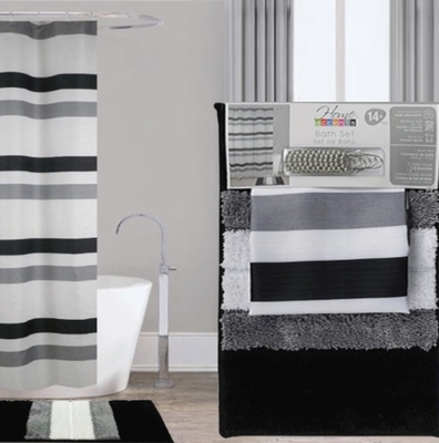 CORTINA PARA BAÑO POLIESTER DISEÑO RAYAS BLANCO-GRIS-NEGRO CON GANCHOS Y ALFOMBRA